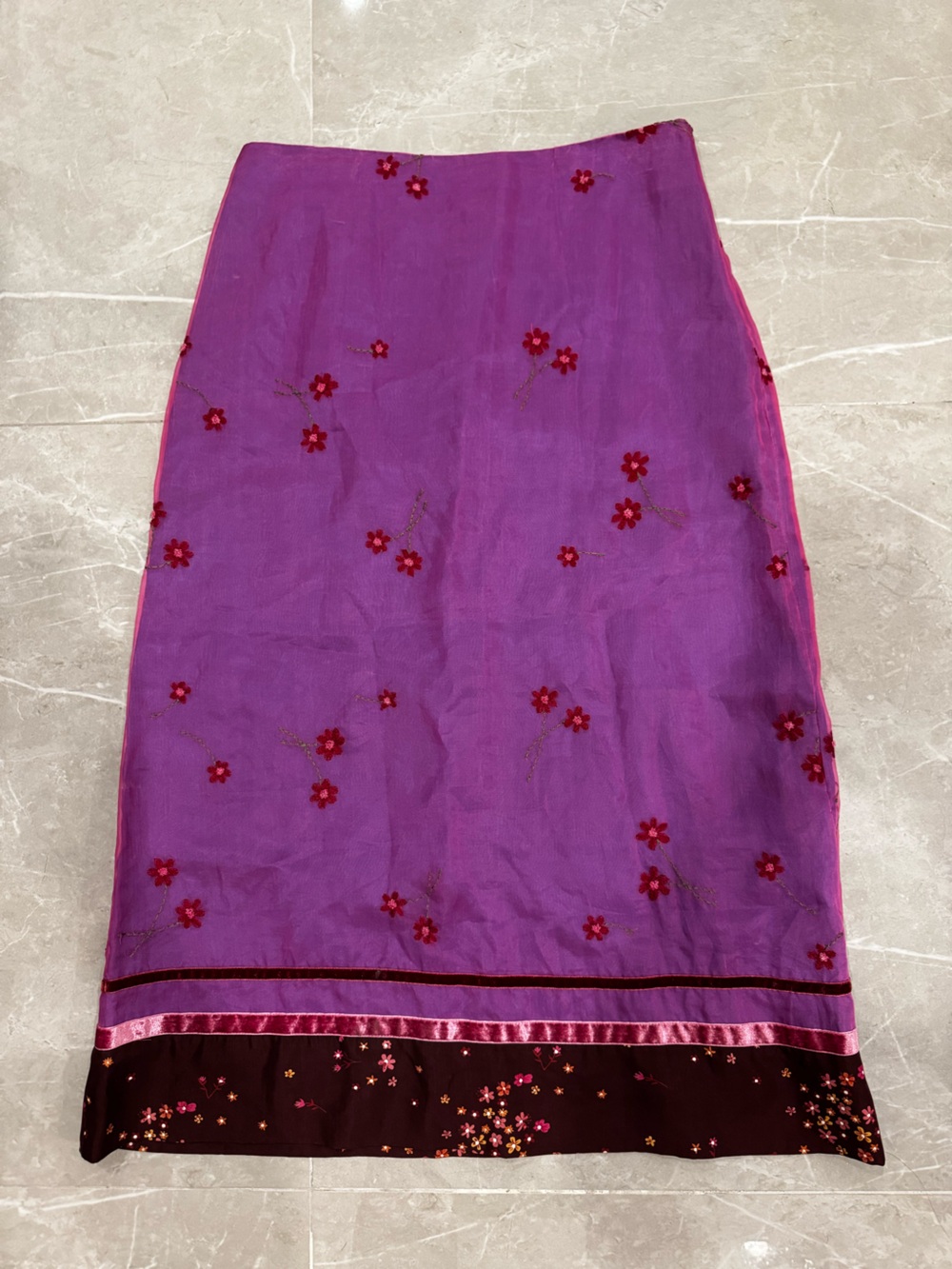 Vintage 100% silk lining Purple Iridescent Beaded Floral Pink Hippie Skirt L